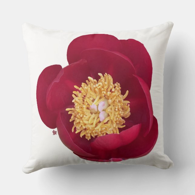 Deep Red Peony Throw Kissen (Rückseite)
