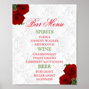 Deep Red Rose Floral Hochzeit - Bar-Speisekarte Poster