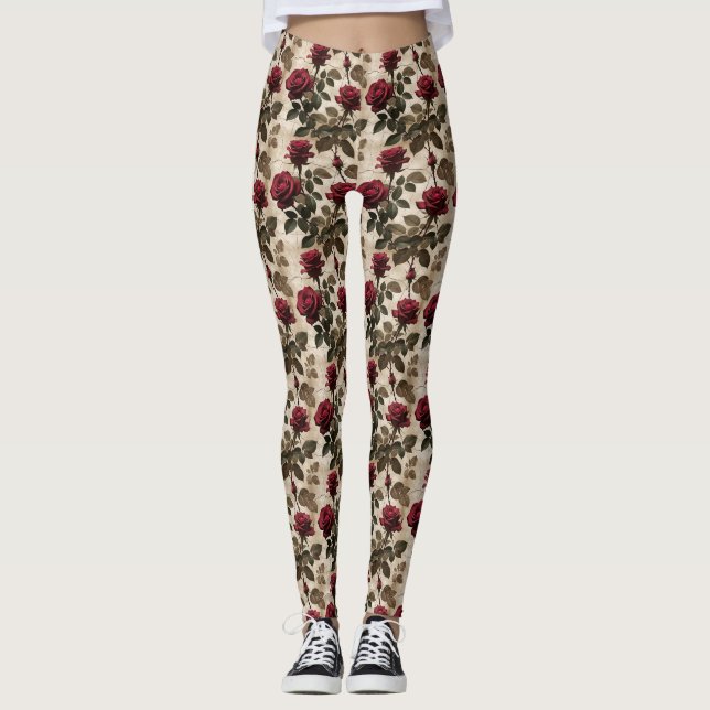 Deep Red Roses With Dark Green Leaves Leggings (Vorderseite)