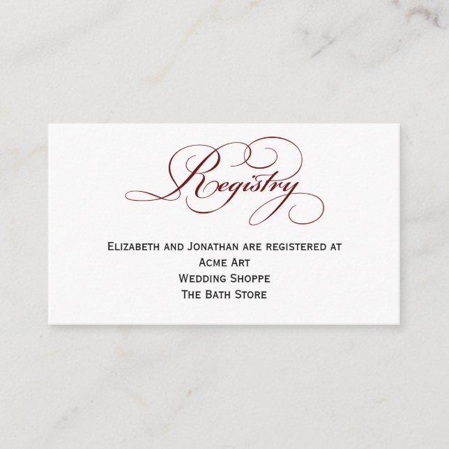 Deep Red Script Wedding Registry Information Card Begleitkarte (Vorderseite)