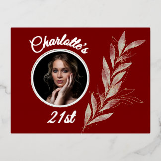 Deep Red Silver & Gold Watercolor Leaf Geburtstag Folie Einladungspostkarte