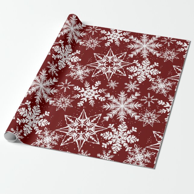 Deep Red Winter Wonderland Snowflake Muster Geschenkpapier (Ungerollt)