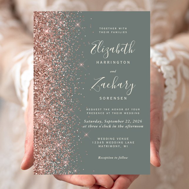 Deep Sage Green Rose Gold Glitter Wedding Einladung (Von Creator hochgeladen)