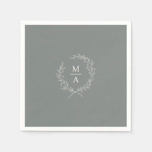 Deep Sage Simple Elegant Laurel Wreath Monogram Serviette