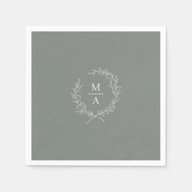Deep Sage Simple Elegant Laurel Wreath Monogram Serviette (Vorderseite)