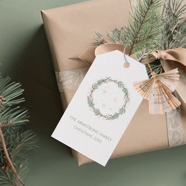Deep Sage Wreath Gold Stars Christmas Family Name Geschenkanhänger (Deep Sage Wreath Gold Stars Christmas Family Name Gift Tags ©Susanne Sachers - Sunny Mind 🌞)