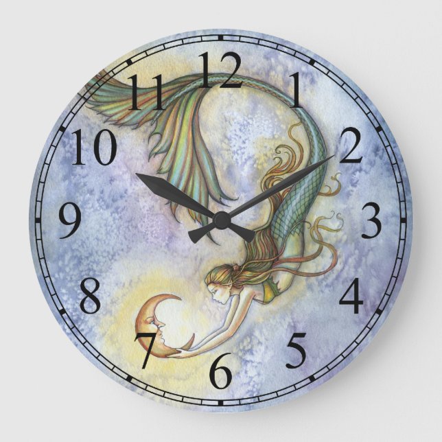 Deep Sea Moon Mermaid Clock von Molly Harrison Große Wanduhr (Vorderseite)