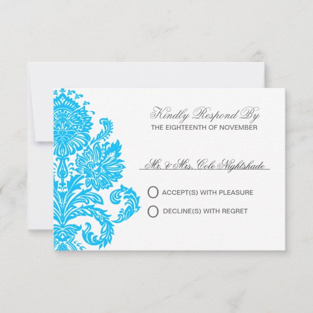 Deep Sky Blue Elegant Damask Hochzeit individuell  RSVP Karte (Vorderseite)