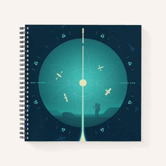 Deep Space Atomic Clock Poster, Blue Version. Notizbuch (Vorderseite)