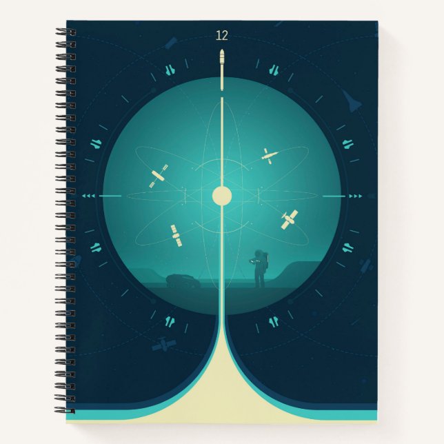Deep Space Atomic Clock Poster, Blue Version. Notizbuch (Vorderseite)