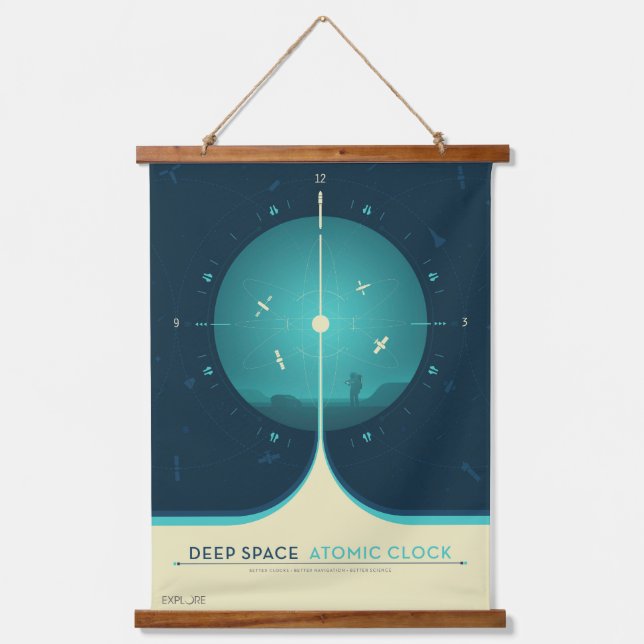 Deep Space Atomic Clock Poster, Blue Version. Wandteppich Mit Holzrahmen (Vorderseite)