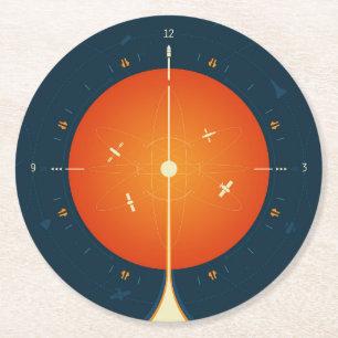 Deep Space Atomic Clock Poster, Orange Version. Runder Pappuntersetzer