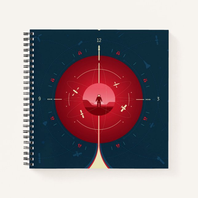 Deep Space Atomic Clock Poster, Red Version. Notizbuch (Vorderseite)