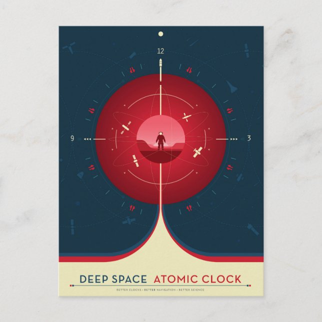 Deep Space Atomic Clock Poster, Red Version. Postkarte (Vorderseite)