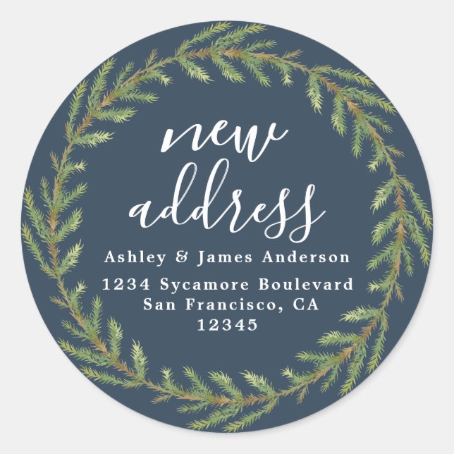 Deep Teal Christmas Greenery New Address Runder Aufkleber (Vorderseite)