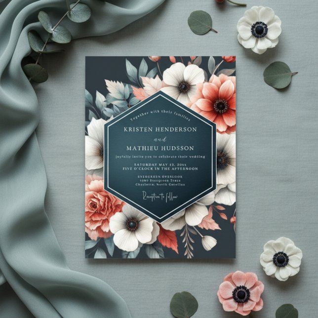 Deep Teal Floral Bloom Wedding Einladung (Von Creator hochgeladen)