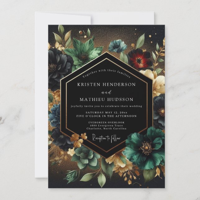 Deep Teal Floral Opulence Wedding Einladung (Vorderseite)
