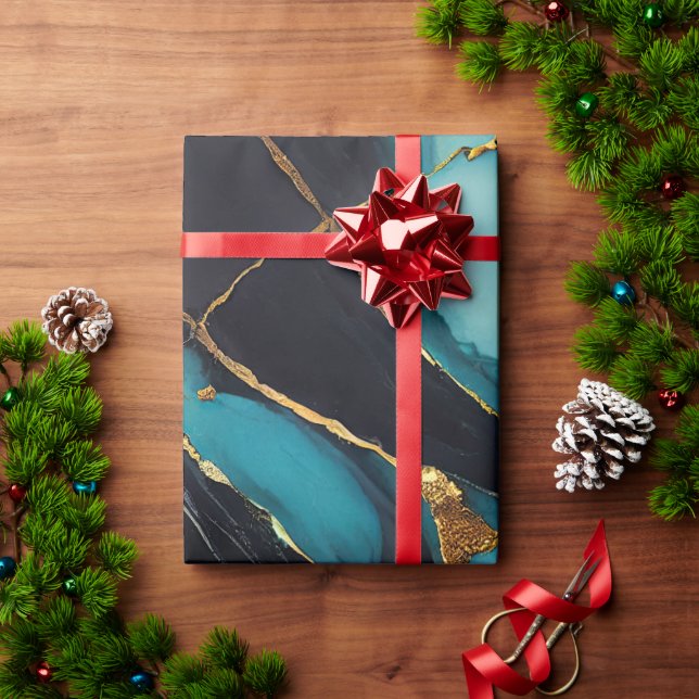 Deep Teal Marble with Bold Gold Veins Geschenkpapier (Feiertagsgeschenk)