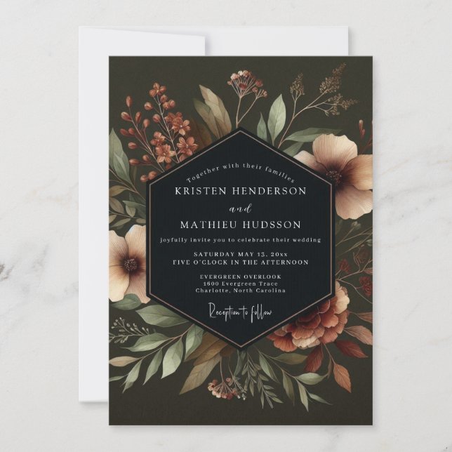 Deep Teal Moody Bloom Wedding Einladung (Vorderseite)