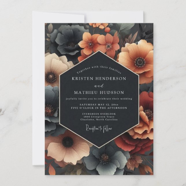 Deep Teal Moody Bloom Wedding Einladung (Vorderseite)