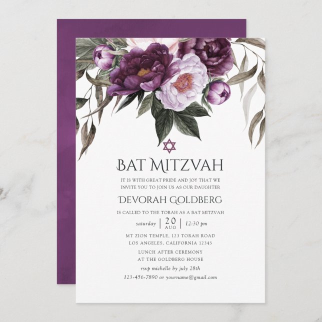Deep Velvet Floral Bat Mitzvah Einladung (Vorne/Hinten)