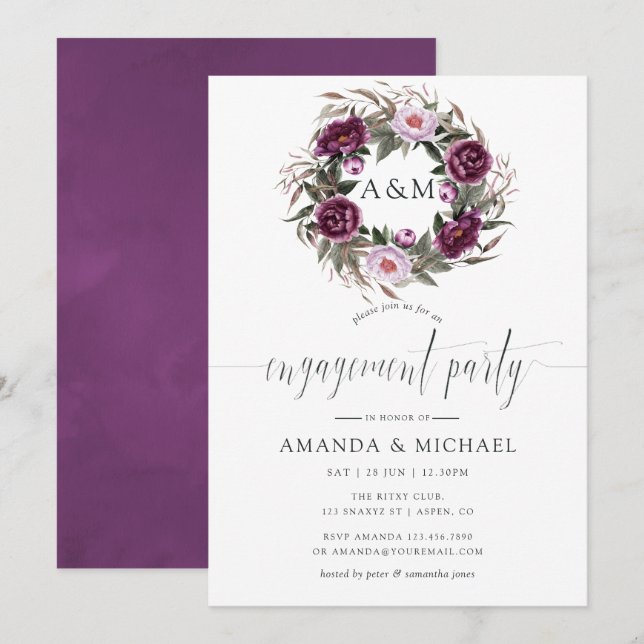 Deep Velvet Floral Monogram Engagement Party Einladung (Vorne/Hinten)