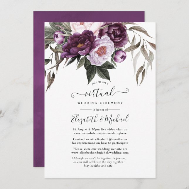 Deep Velvet Floral Online Virtual Wedding Einladung (Vorne/Hinten)