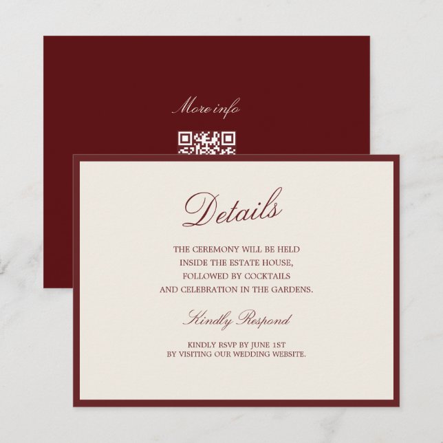 Deep Wine Old Money QR Wedding Details Card Begleitkarte (Vorne/Hinten)