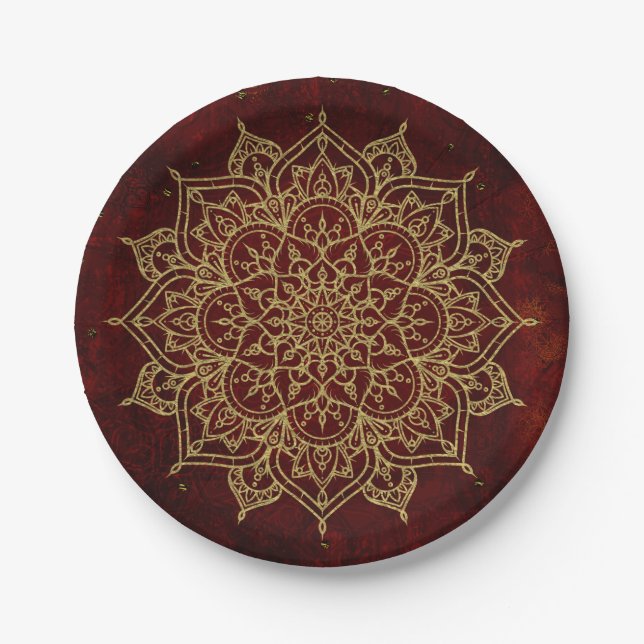 Deep Wine Red Mandala & Gold Glam Moderner Chic Pappteller (Vorderseite)