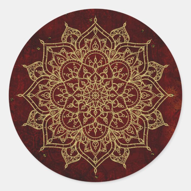 Deep Wine Red Mandala & Gold Glam Moderner Chic Runder Aufkleber (Vorderseite)