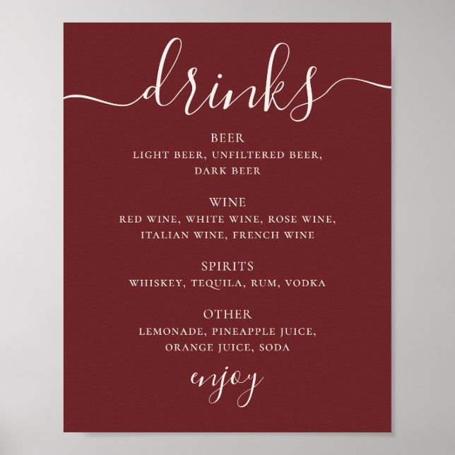 Deep Wine Red Wedding Drinks Menu. Modern Bar Sign Poster (Vorne)