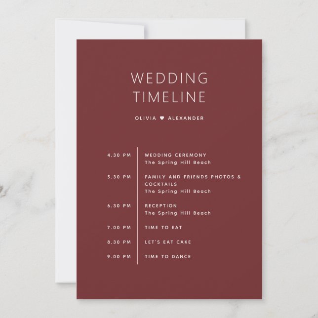 Deep Wine Red Wedding Timeline. Schedule + Welcome Einladung (Rückseite)