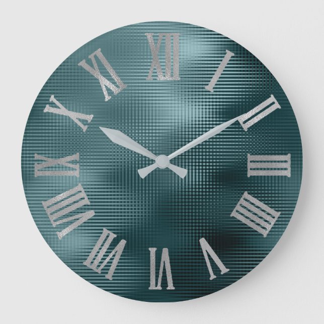 DeepTeal Silver Gray Minimal Metallic römische Zah Große Wanduhr (Vorderseite)