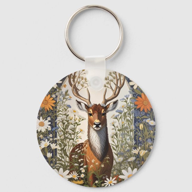Deer Amid Daisy Blume Schlüsselanhänger (Vorderseite)