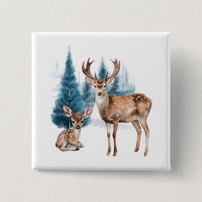 Deer and doe with snowy pine tree button (Vorderseite)