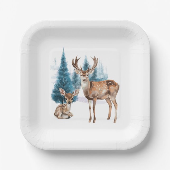 Deer and doe with snowy pine tree pappteller (Vorderseite)