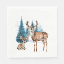 Deer and doe with snowy pine tree serviette