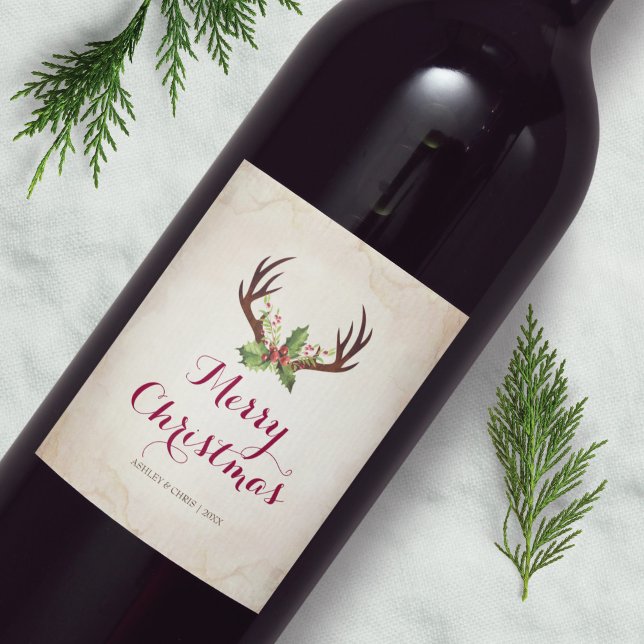 Deer Antler Christmas Wine Label  Rustic Boho Weinetikett (Von Creator hochgeladen)