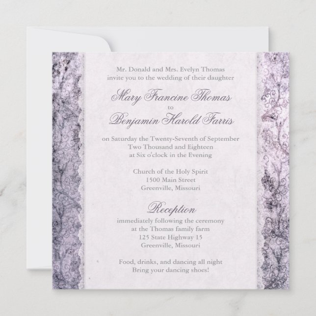 Deer Antler Damask Lilac Lila Wedding Einladung (Vorderseite)