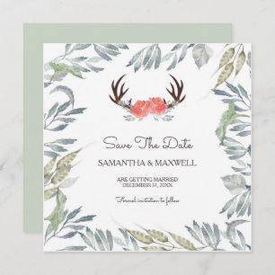 DEER ANTLER & Greenery Save the Date, Peach Blume Einladung