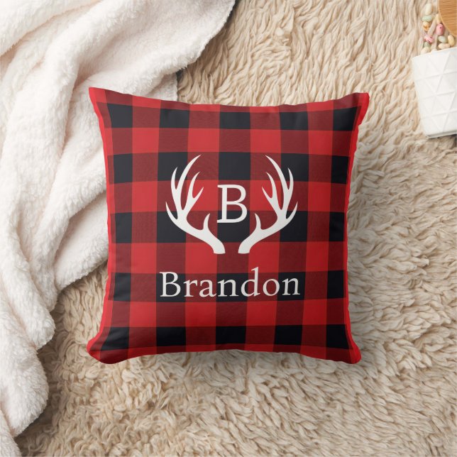 Deer Antler Initial Buffalo Plaid  Kissen (Decke)
