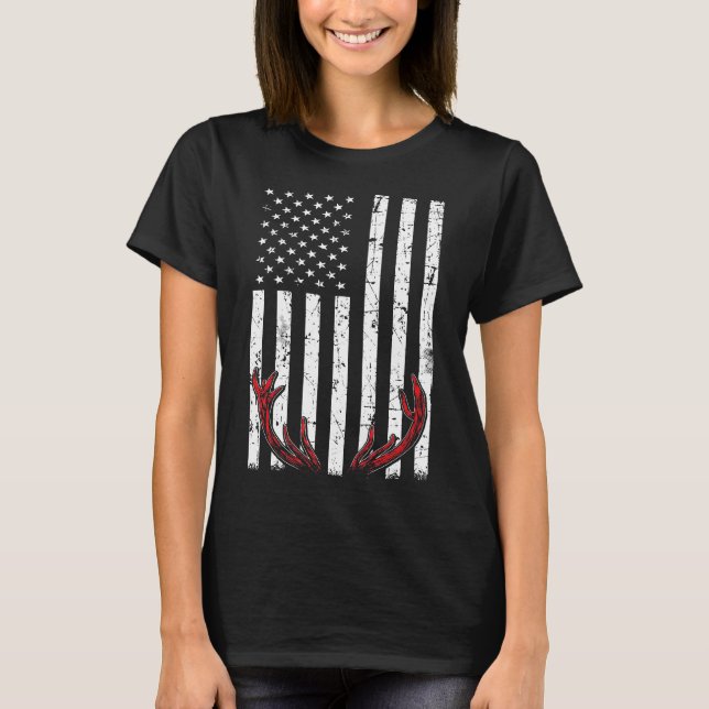 Deer Antlers American Flag USA Jagd Fischen T-Shirt (Vorderseite)