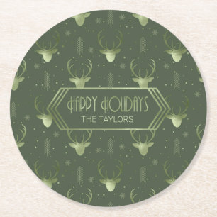Deer Antlers Arrows Christmas Pattern Green ID861 Runder Pappuntersetzer