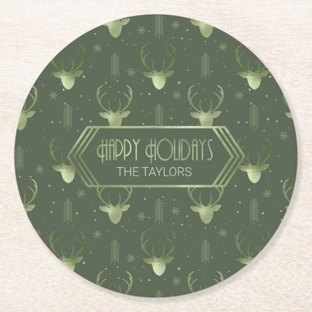 Deer Antlers Arrows Christmas Pattern Green ID861 Runder Pappuntersetzer (Vorderseite)