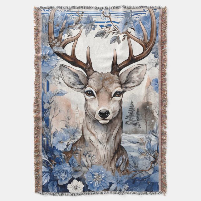 Deer Antlers Blue Blumen Weihnachten Decke (Vorderseite Vertikal)