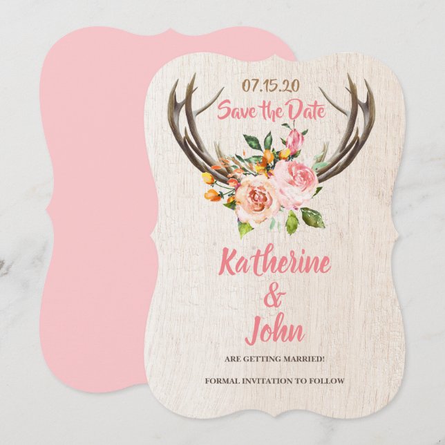 Deer Antlers Blush Rustic Floral save the date Einladung (Vorne/Hinten)