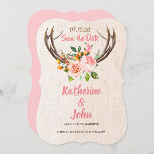 Deer Antlers Blush Rustic Floral save the date Einladung