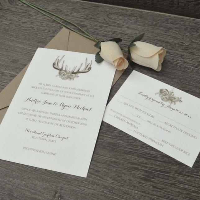 Deer Antlers Elegant Woodland Wedding Einladung (Von Creator hochgeladen)