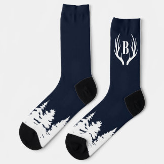 Deer Antlers Men's Crew Socks Blue and White Socken