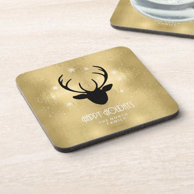 Deer Antlers Silhouette & Snowflakes Gold ID861 Getränkeuntersetzer (Linke Seite)
